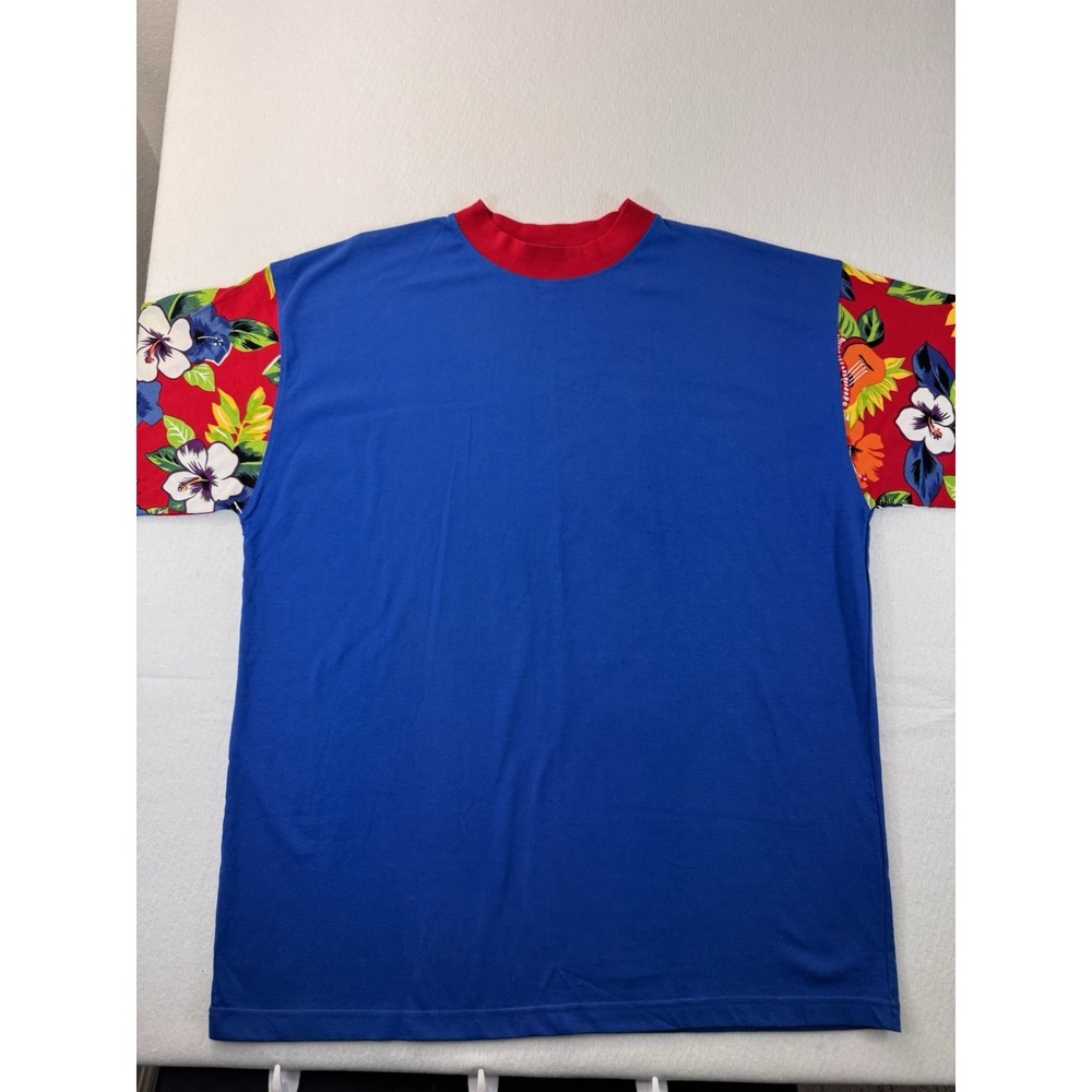 Vintage IZOD Mens T Shirt XL Blue Red w/ Floral Short Sleeves Cotton Casual Y2K